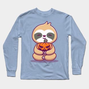 Cute Sloth Hug Pumpkin Halloween Cartoon Long Sleeve T-Shirt